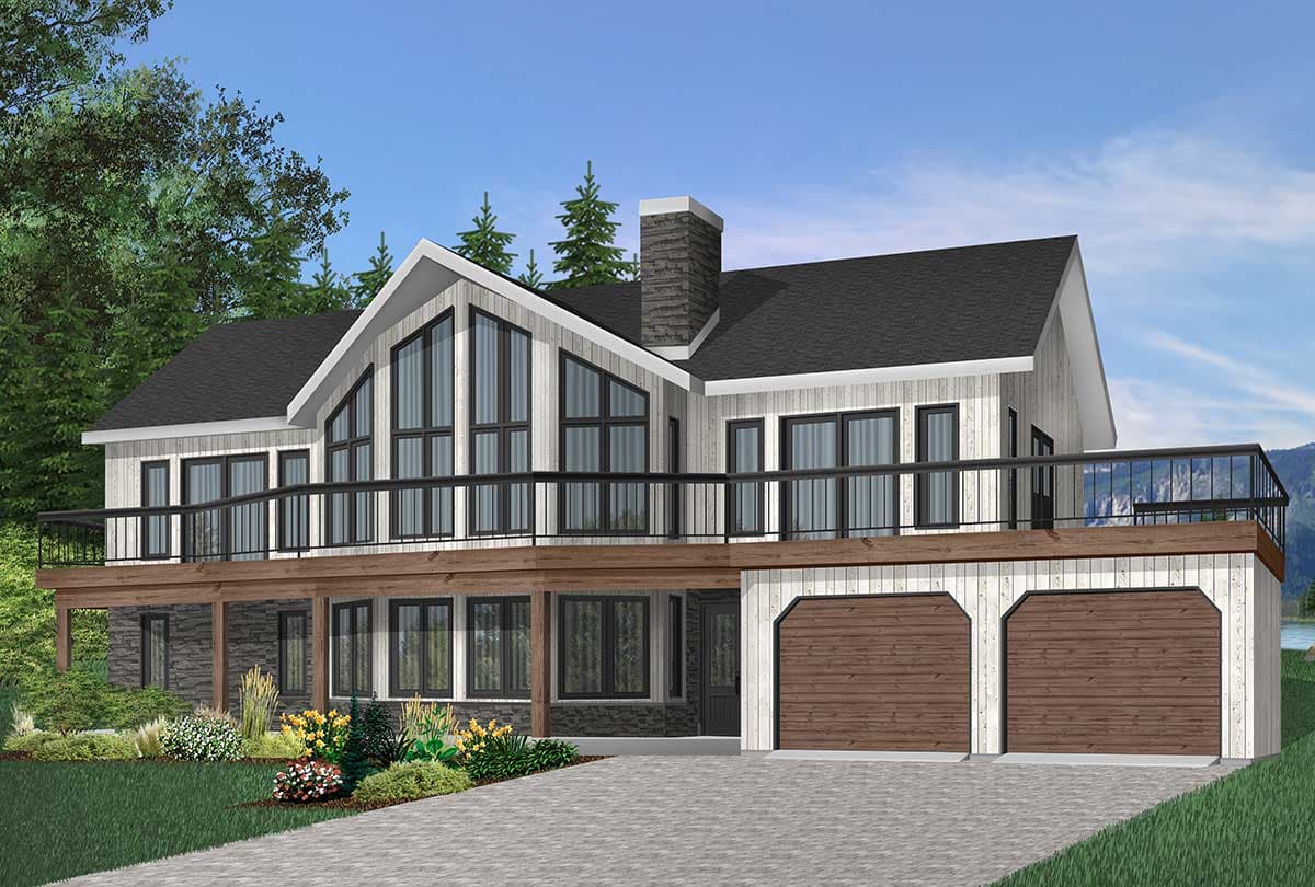 House plan exterior: Two-story Modern style with a prominent gable, wrap-around deck, stone foundation, and a three-car garage.