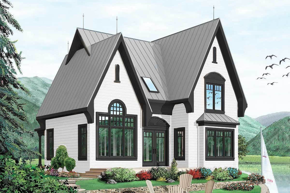 House plan exterior: two-story home with steep gables, prominent dormer, metal roof, and large arched window.