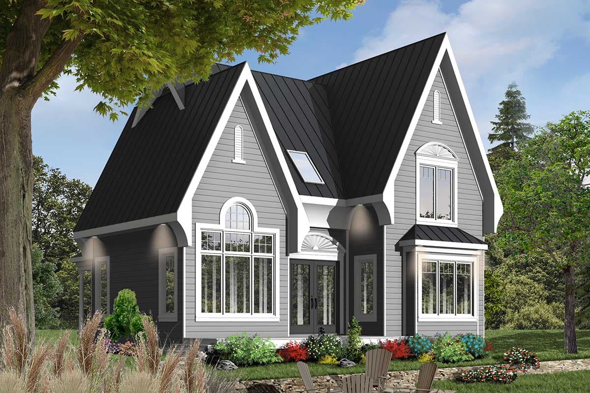 House plan exterior. Two-story, gabled roof house with dormers, arched window, and covered entry porch.