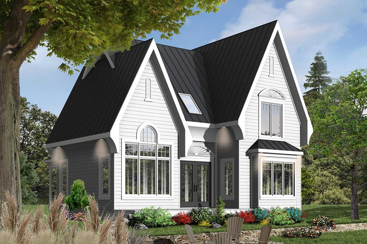 House plan exterior: Two-story Modern style with prominent gables, metal roof, arched windows, and a central entrance.