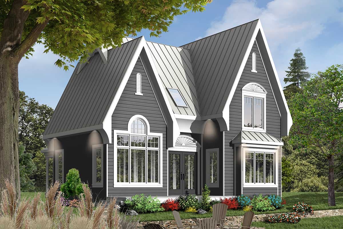 House plan exterior: Gable roofline, prominent dormers, arched windows, dark siding, and front double doors.