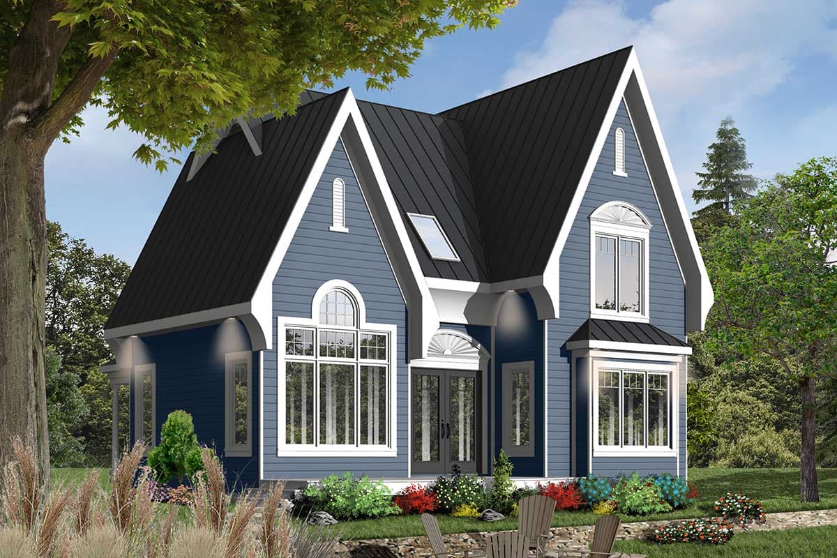 House plan exterior: blue siding, gabled roof, arched windows, dormers, and a central double-door entry.
