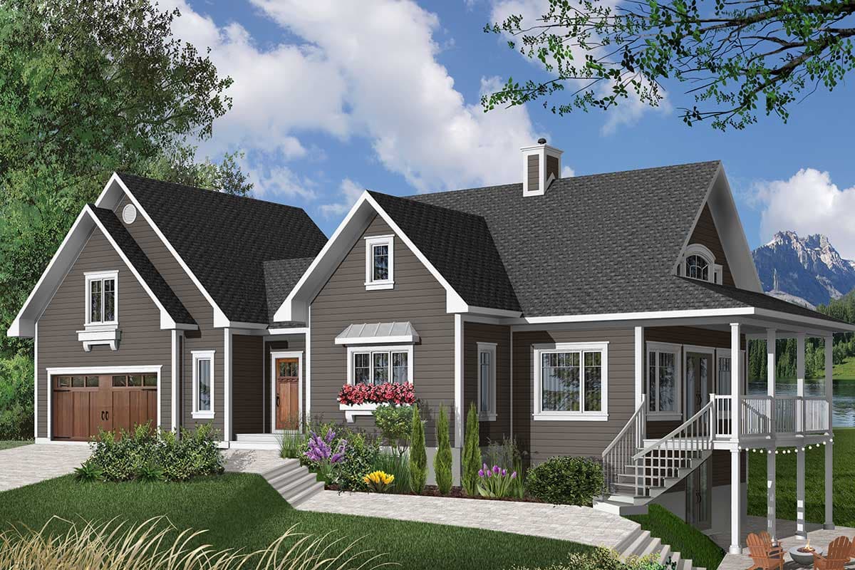 House plan exterior featuring a Modern Farmhouse style with gables, a covered porch with railings, and an attached garage.