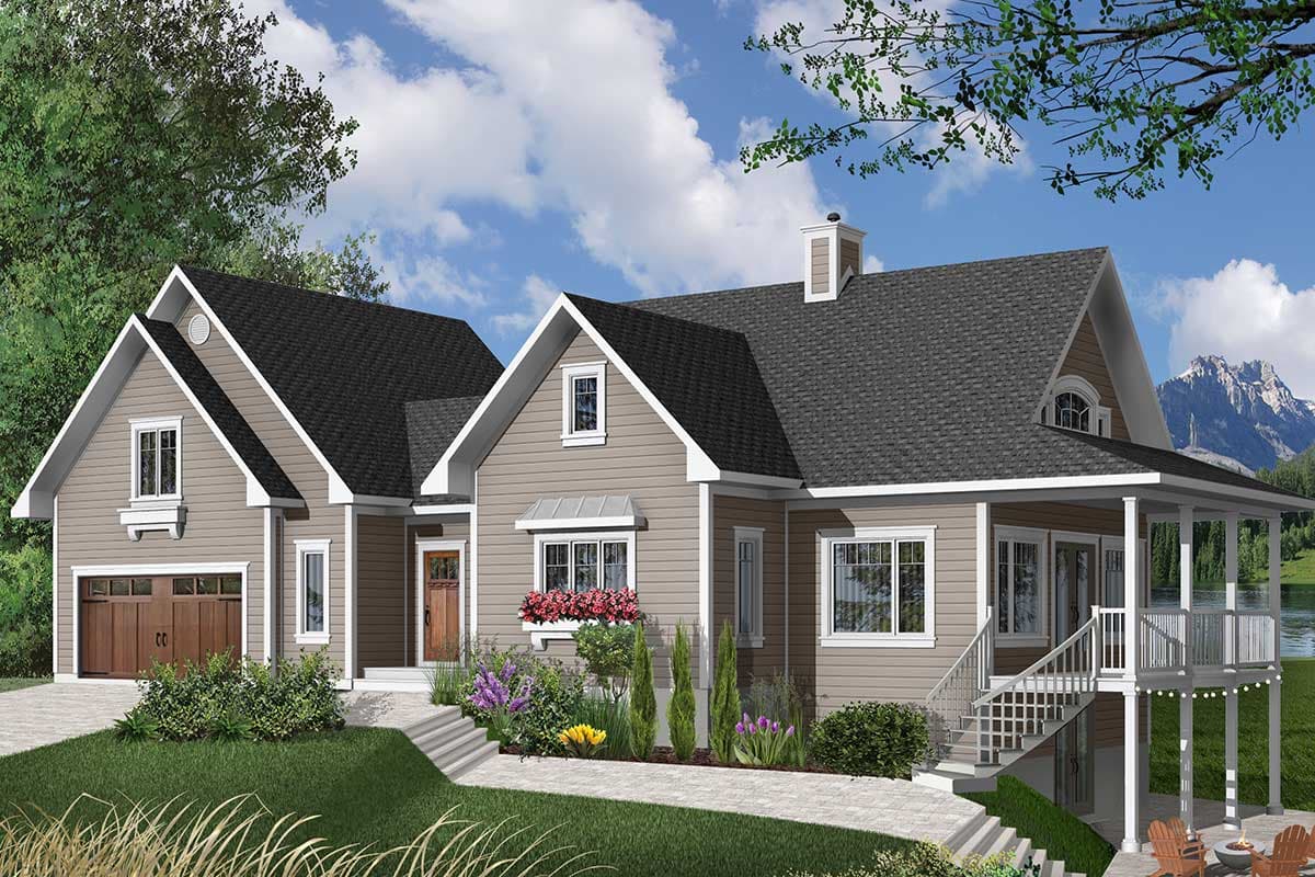 House plan exterior: Modern Farmhouse style, two stories, with attached garage, prominent gables, and wraparound porch.
