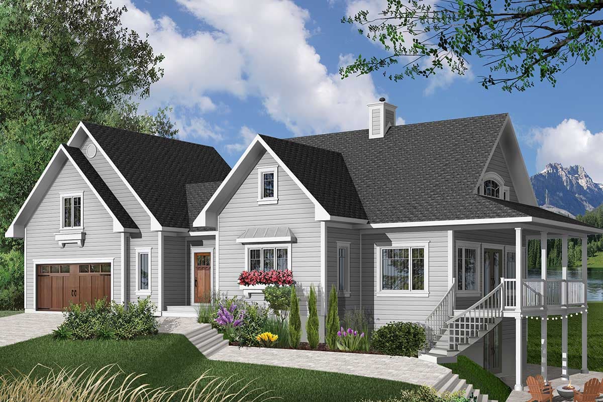 House plan exterior: One-story Modern Farmhouse with attached garage, prominent gables, dormer window, and wraparound porch.