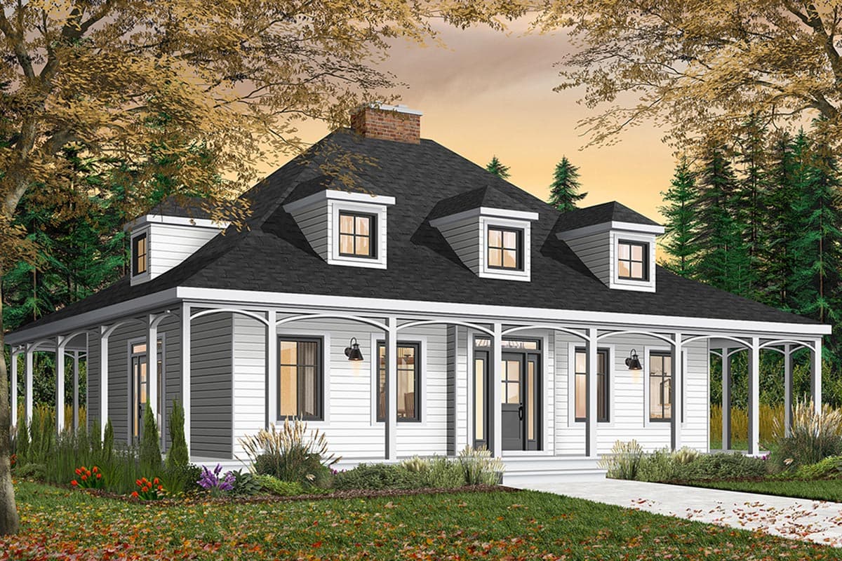 House plan exterior. Two-story, farmhouse-style home with front porch, dormers, and gabled roof. Includes a brick chimney and white siding.