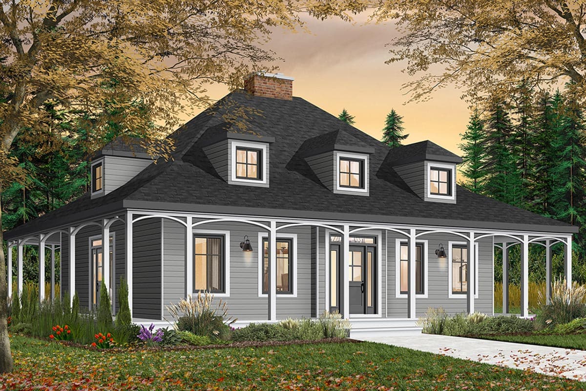 House plan exterior: One-story home with a wrap-around porch, dormer windows, and a prominent brick chimney.