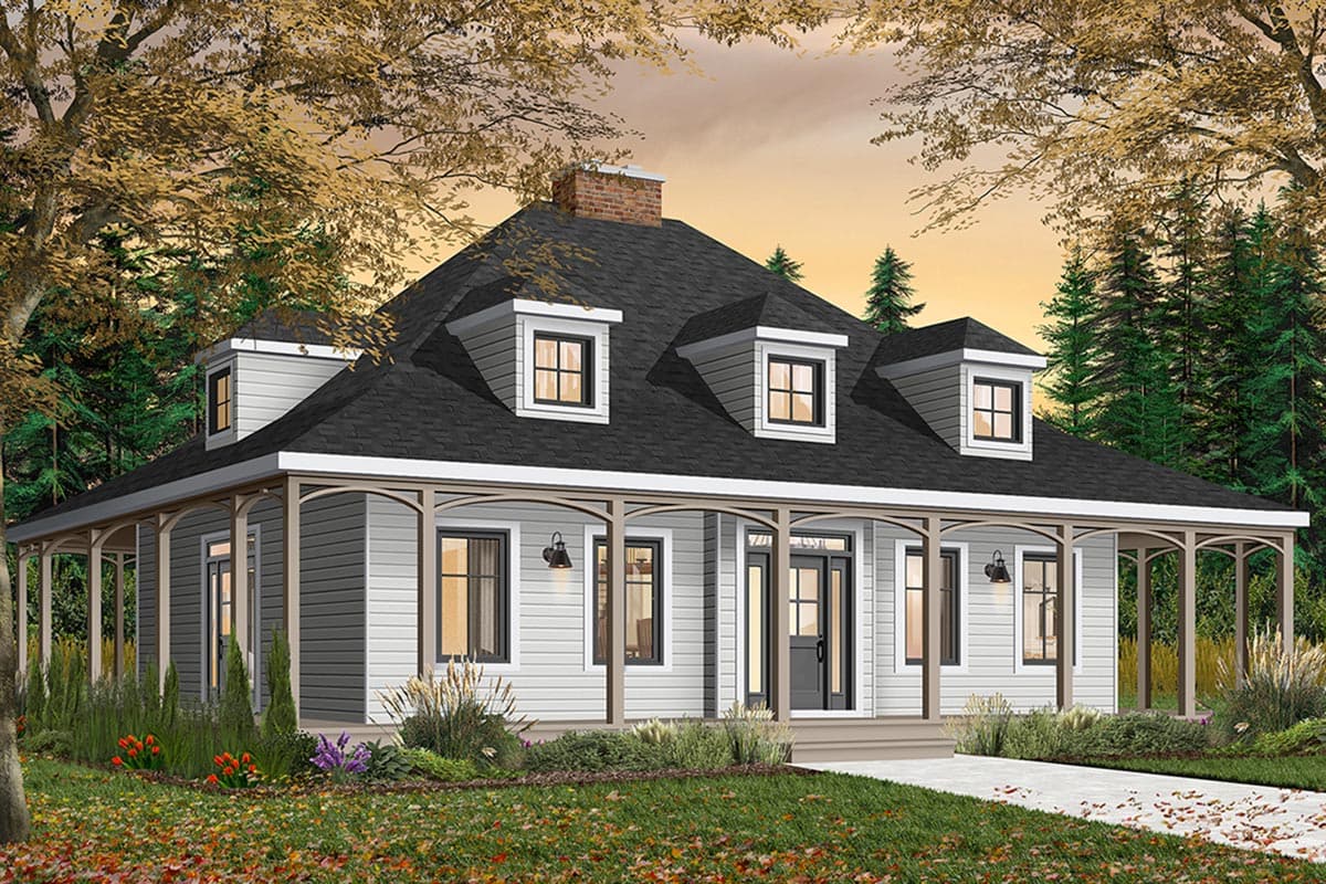House plan exterior: One-story home with wrap-around porch, dormers, and brick chimney.