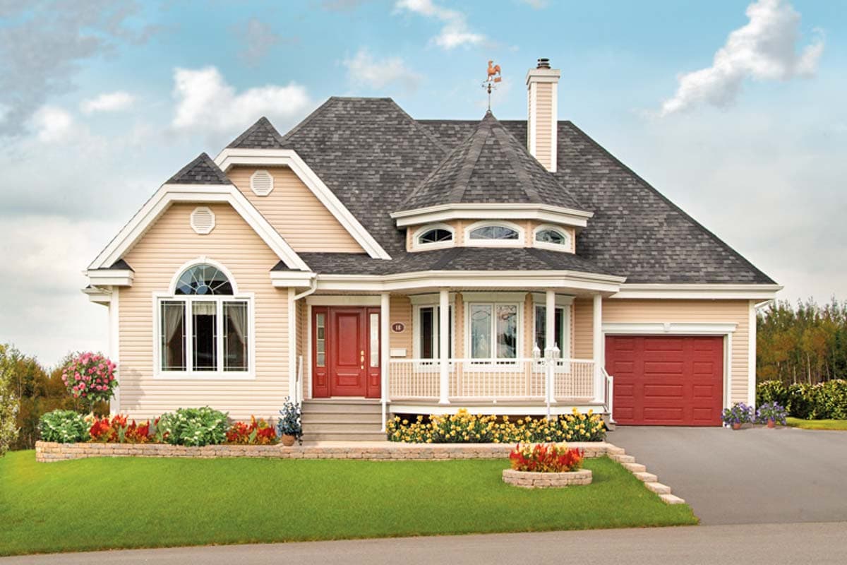 House plan exterior shows a beige two-story home with a red front door, white porch railings, dormers, and a side-entry garage.
