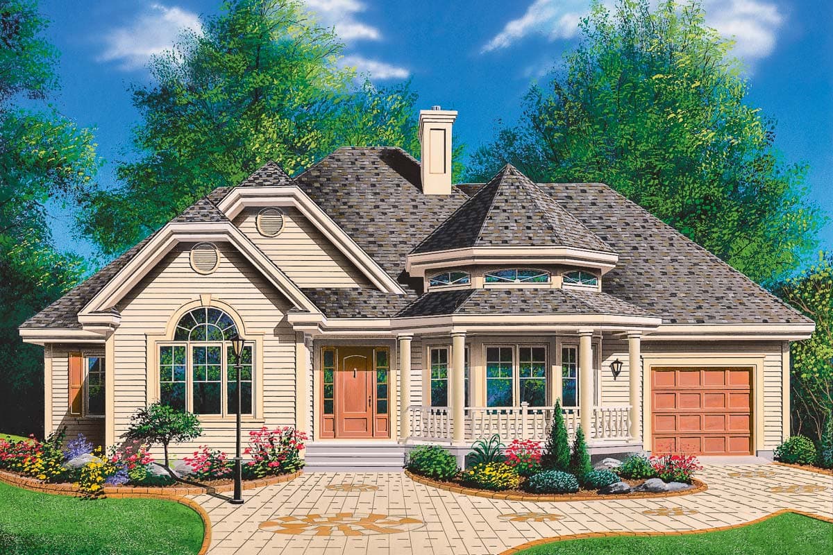 House plan exterior: Traditional style home with a front porch, arched window, gables, and attached garage.