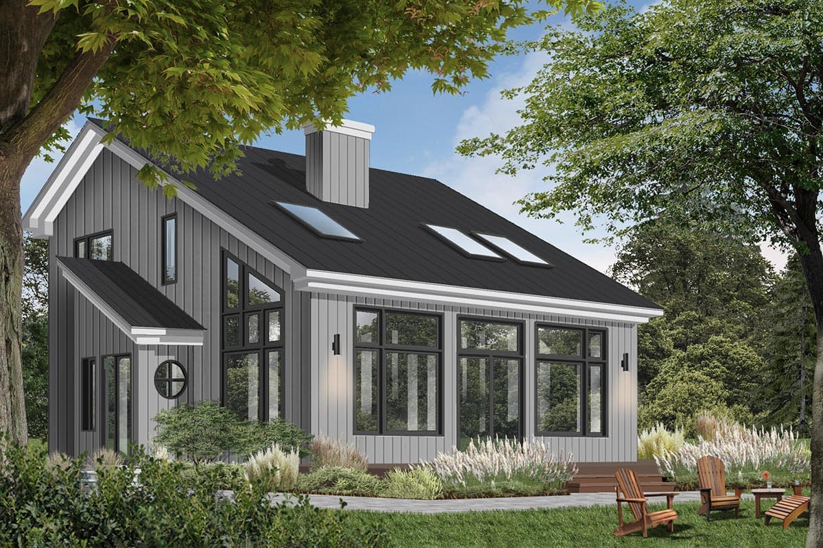 House plan exterior view of a modern home with vertical siding, a gabled roof, skylights, and large black-framed windows.
