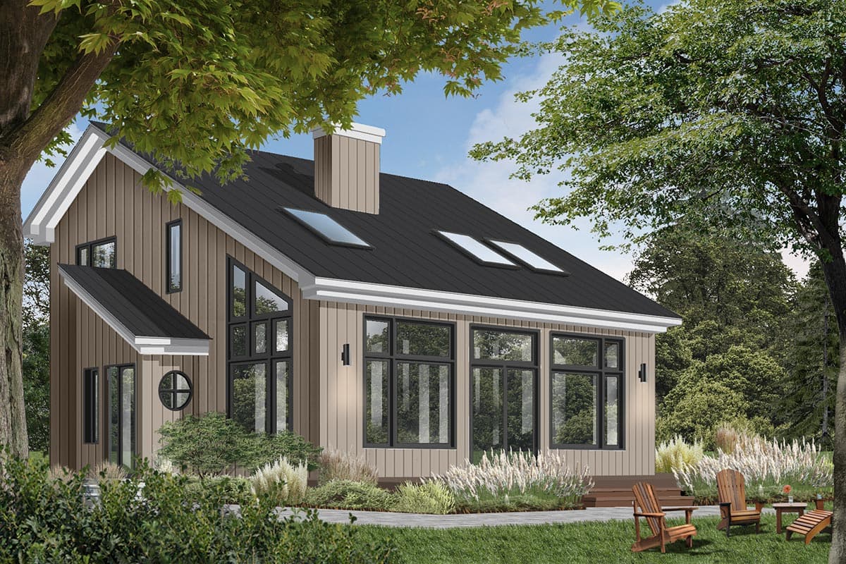 Modern house plan exterior with vertical siding, metal roof, skylights, and large windows.