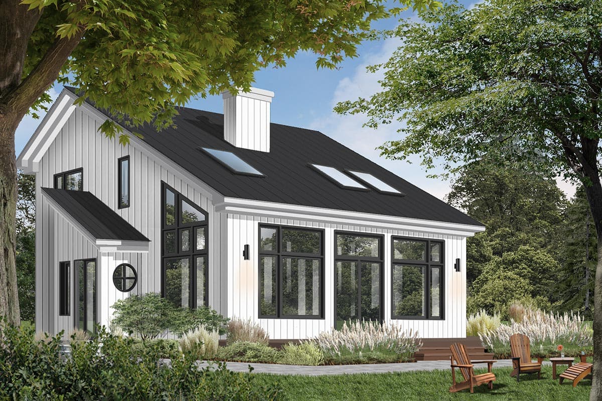 Modern house plan exterior with vertical siding, steep gable roof, black metal roof, multiple windows, and dormer.