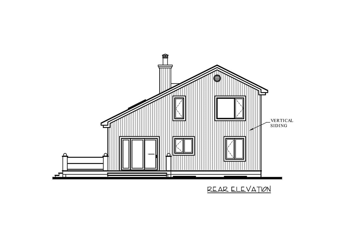 Rear elevation drawing of a two-story house with vertical siding, a gabled roof, chimney, and deck.