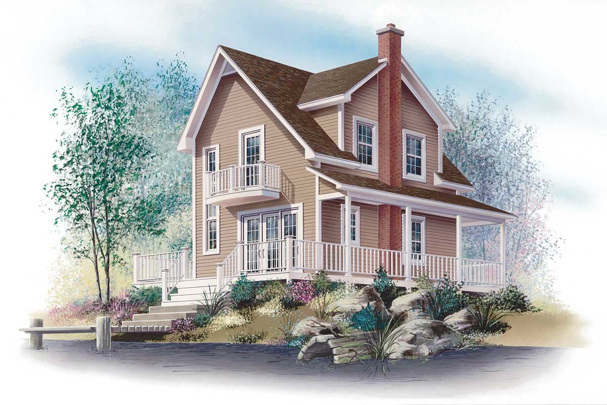 Two-story house plan exterior with a gabled roof, prominent chimney, wraparound porch, and second-story balcony.