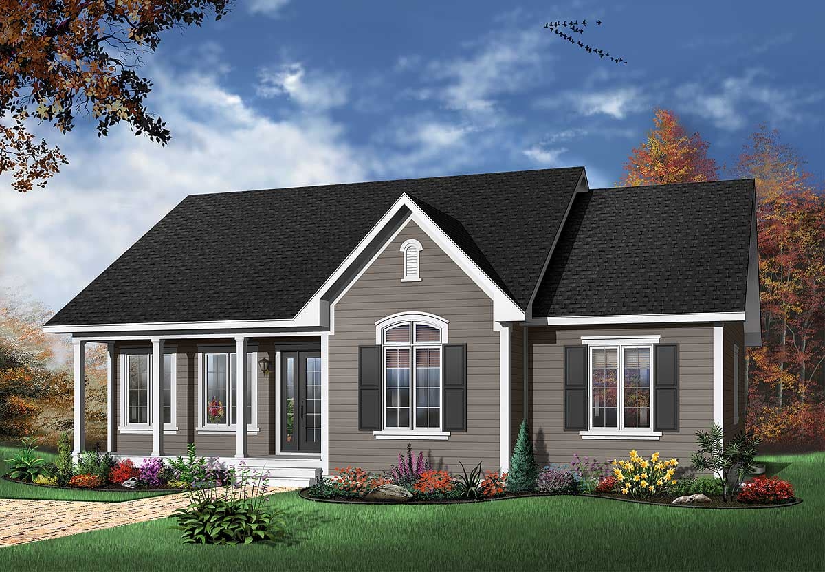 House plan exterior of a one-story home with a covered front porch, gabled dormer, and arched window.