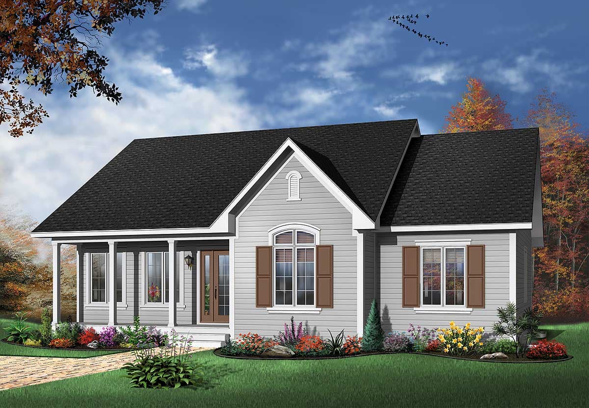 House plan exterior: One-story home with covered porch, gable dormer, arched window, and double front doors.