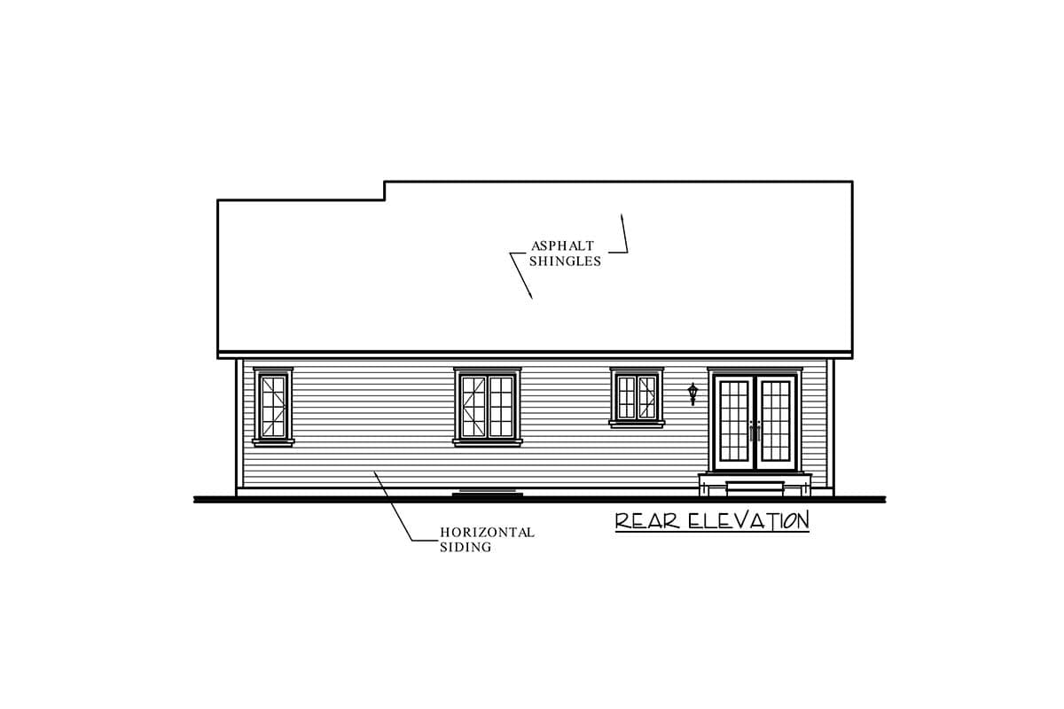 Rear elevation drawing of a house with horizontal siding, asphalt shingles, three windows, and double doors.