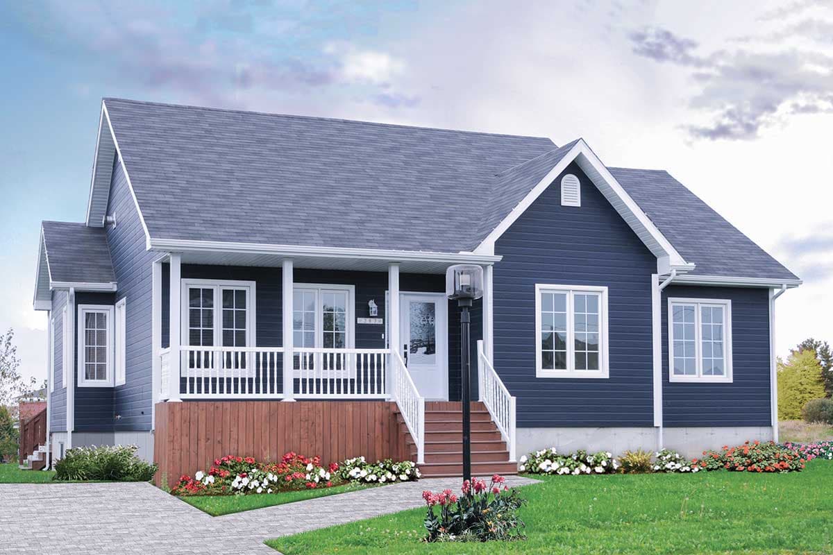House plan exterior. One-story house with gabled roof, covered porch with railing, and dormer window. Siding is dark blue.