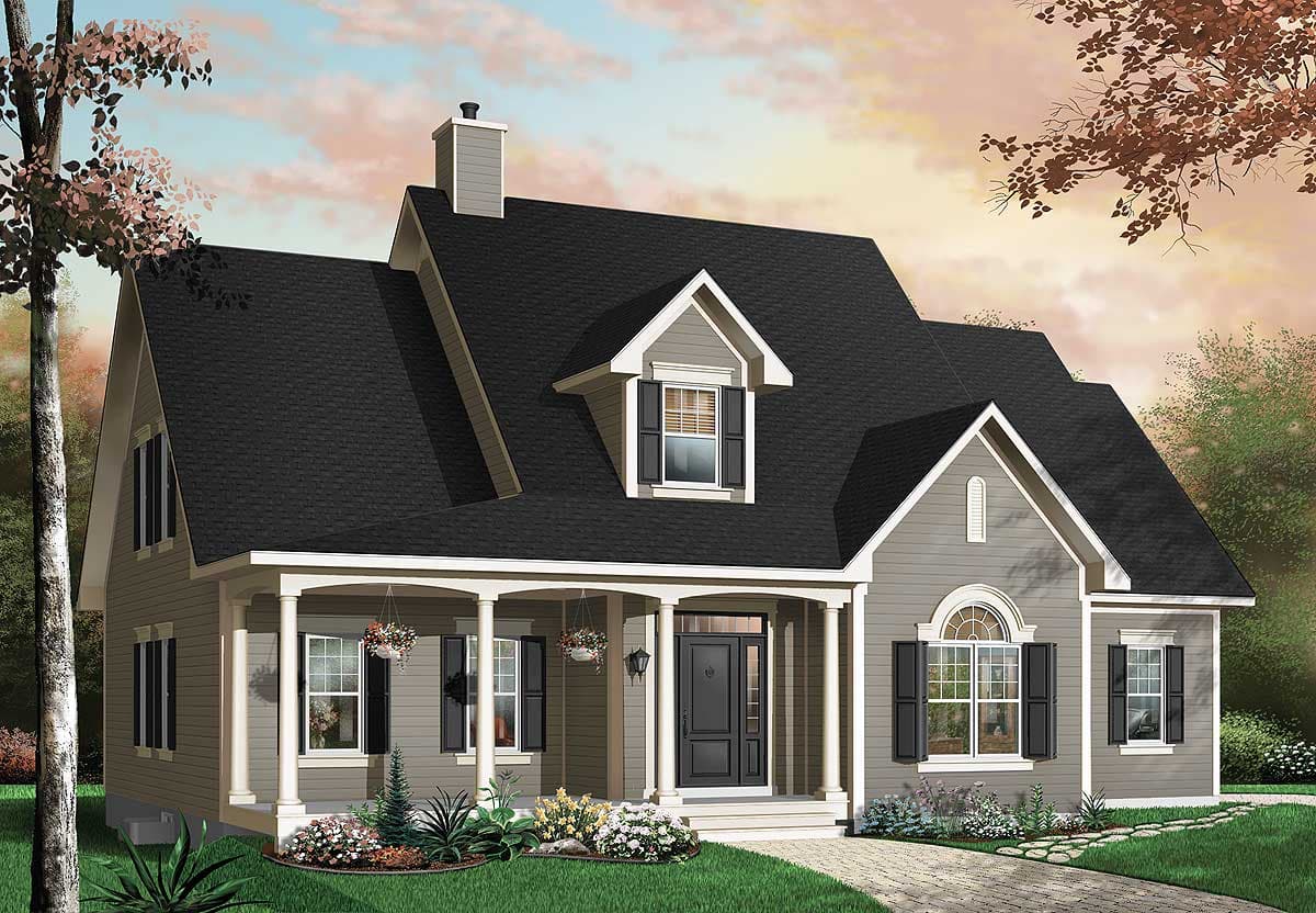 House plan exterior: two-story home with wraparound porch, dormer window, arched window, and gabled roof.