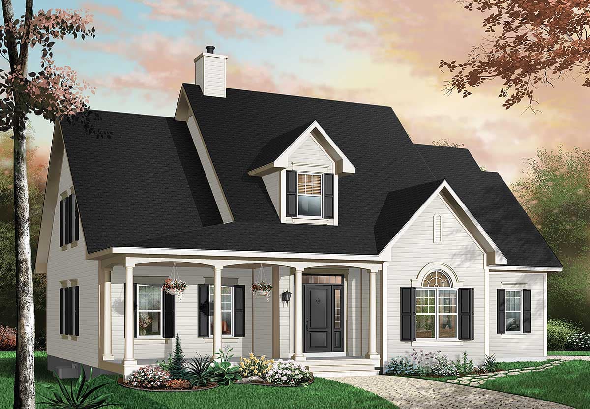 House plan exterior: Two-story Modern Farmhouse with wraparound porch, dormer, and arched window.