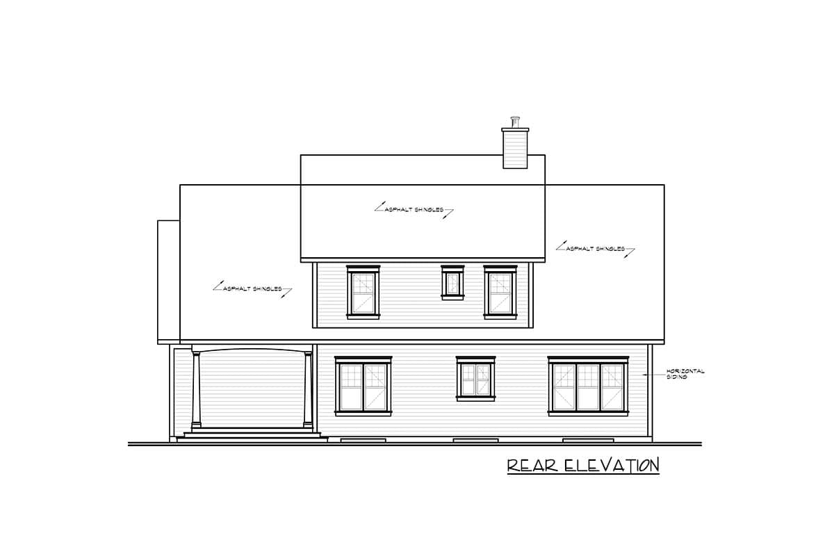 Rear elevation house plan with asphalt shingles, covered porch, and horizontal siding.