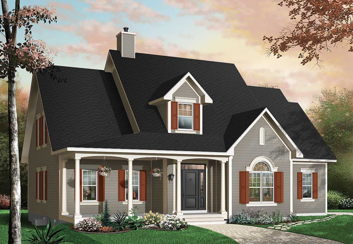 House plan exterior: Two-story home with a covered front porch, dormer window, and arched window with shutters.