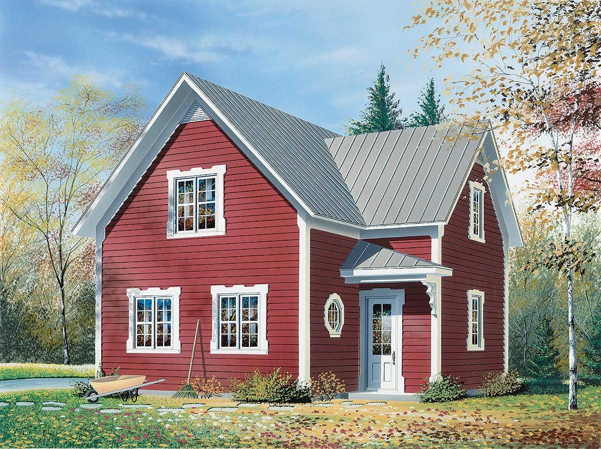 House plan exterior, two-story red house with metal roof, gables, dormers, and covered entry with decorative brackets.