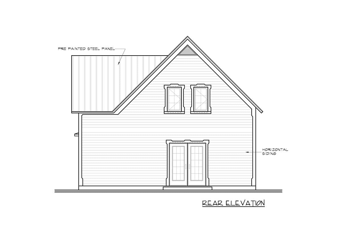 Rear elevation drawing showing a two-story house with horizontal siding, double doors, two dormer windows, and a standing seam metal roof.