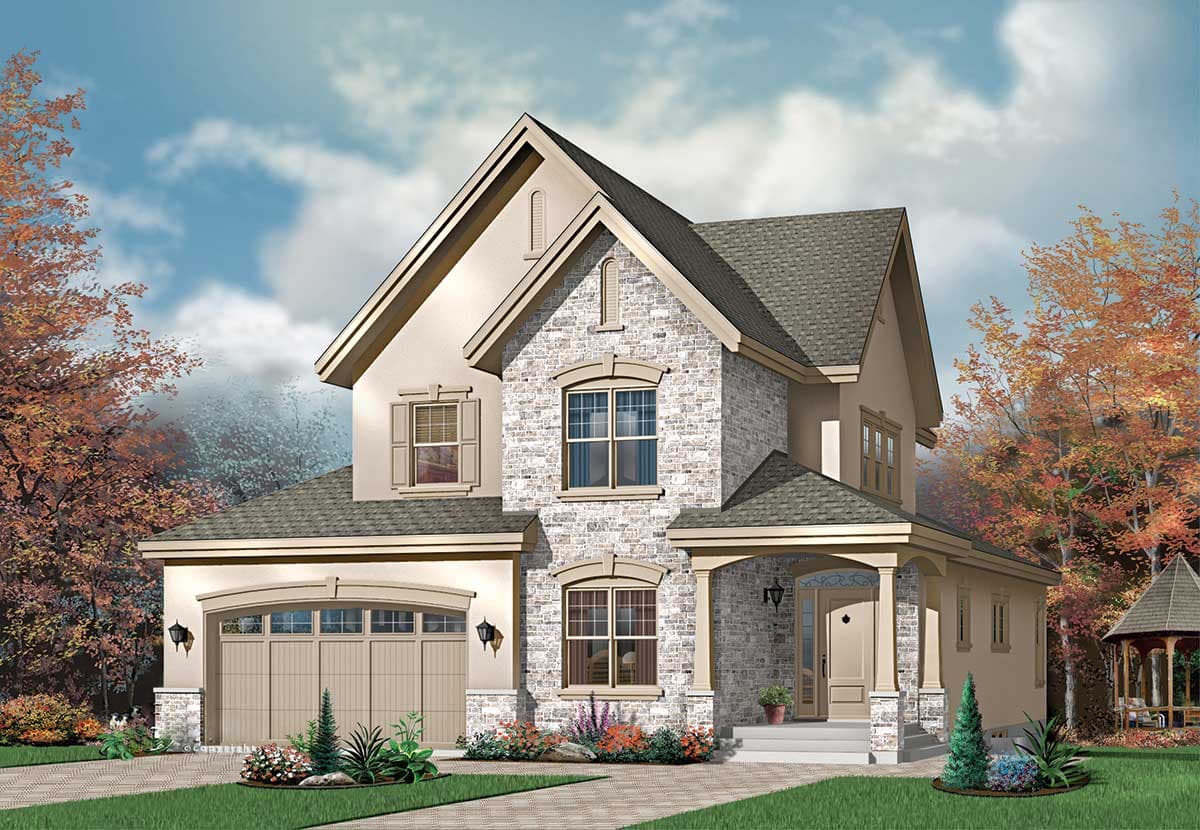 House plan exterior: Two-story home with stone accents, gabled dormer, arched garage door, and covered entry porch.