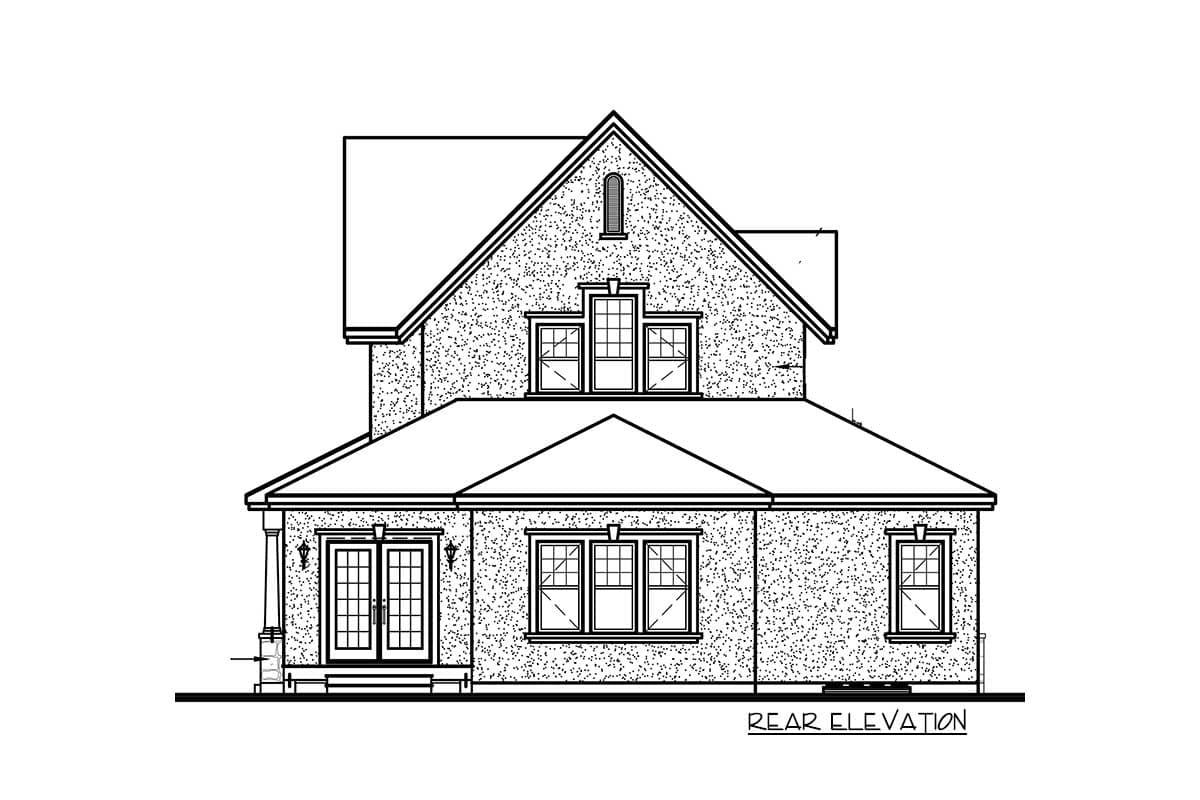 Rear elevation drawing of a two-story house with double doors, arched window, and multiple gables.