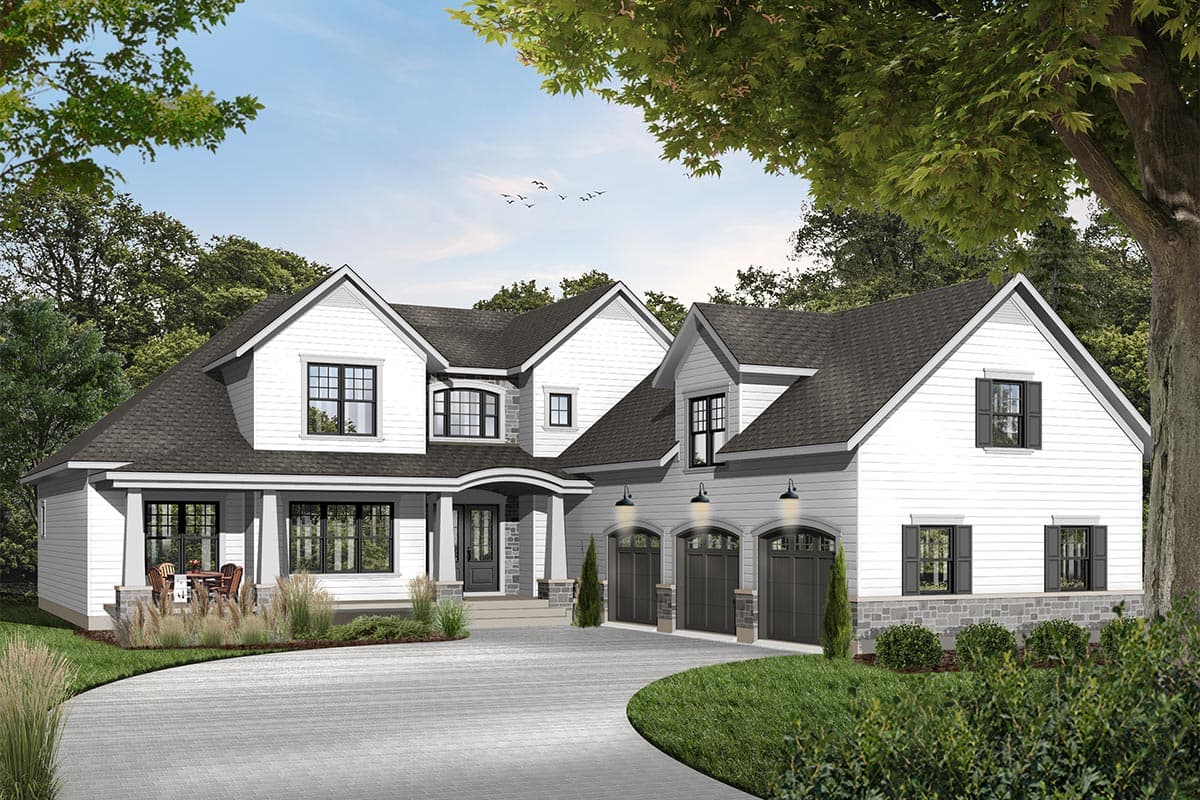 A two-story white house with a dark roof and black window frames. It has a three-car garage and a paved driveway leading to the entrance.
