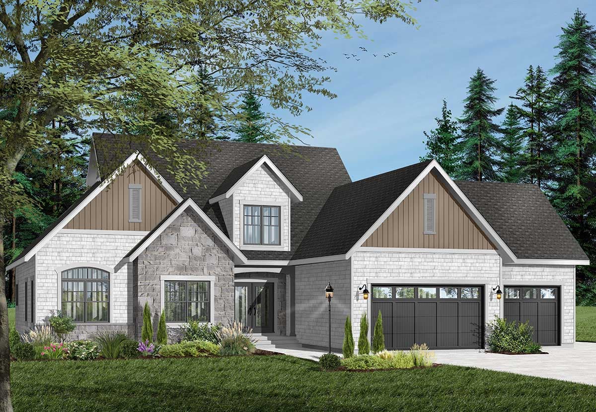 House plan exterior. Two-story home with Craftsman-style elements, stone and shingle siding, multiple gables, and a two-car garage.