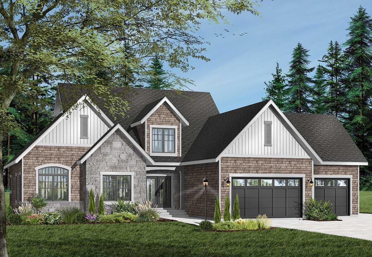 House plan exterior showing a two-story home with stone and shingle siding, gables, dormers, and a three-car garage.
