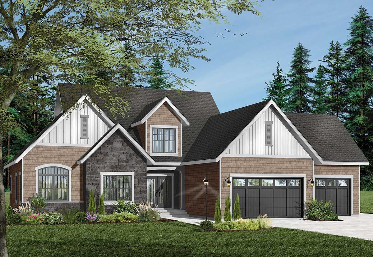 House plan exterior: Two-story home with stone and shingle siding, gables, dormers, and a three-car garage.