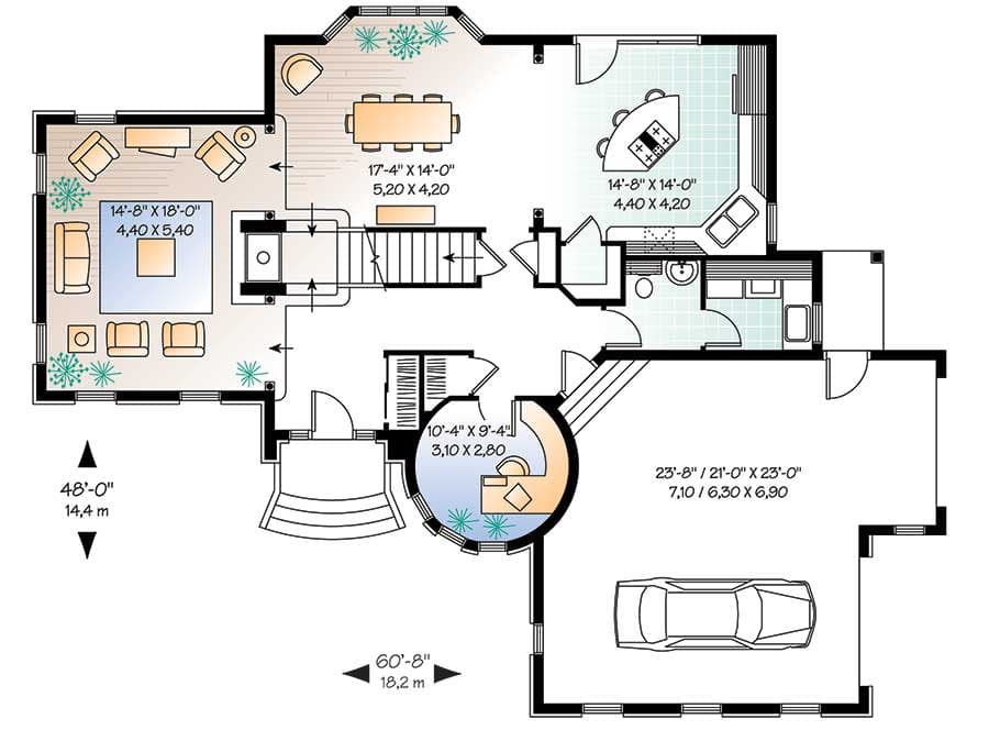 Plan 21167DR: Elegant 3-Bed House Plan with Distinctive Turret - 2338 Sq Ft - Floor Plan - Main Level - European, French Country, Traditional