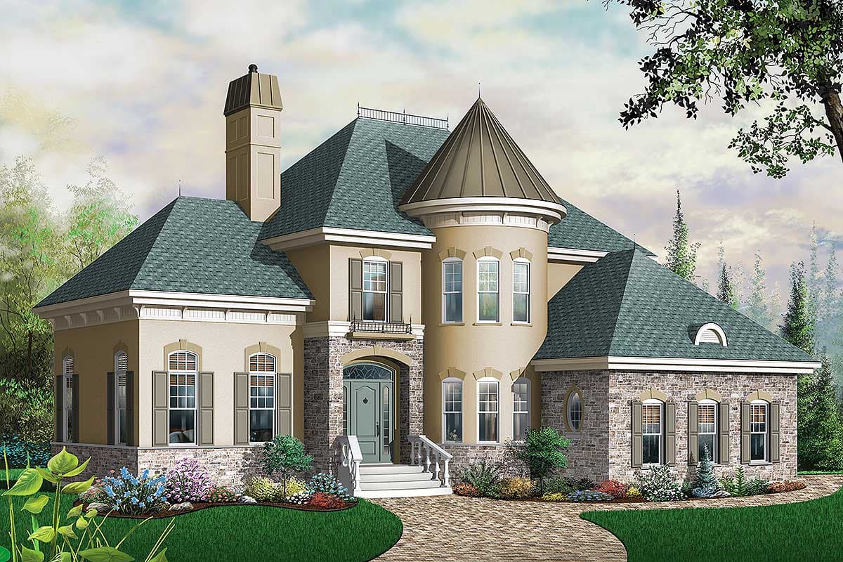 House plan exterior with stone accents, turret with conical roof, and prominent chimney.