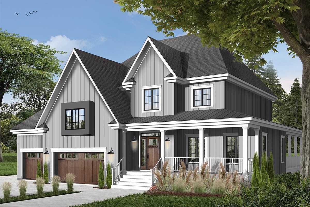 House plan exterior, two-story Modern Farmhouse with gabled dormers, covered front porch, and a side-facing garage.