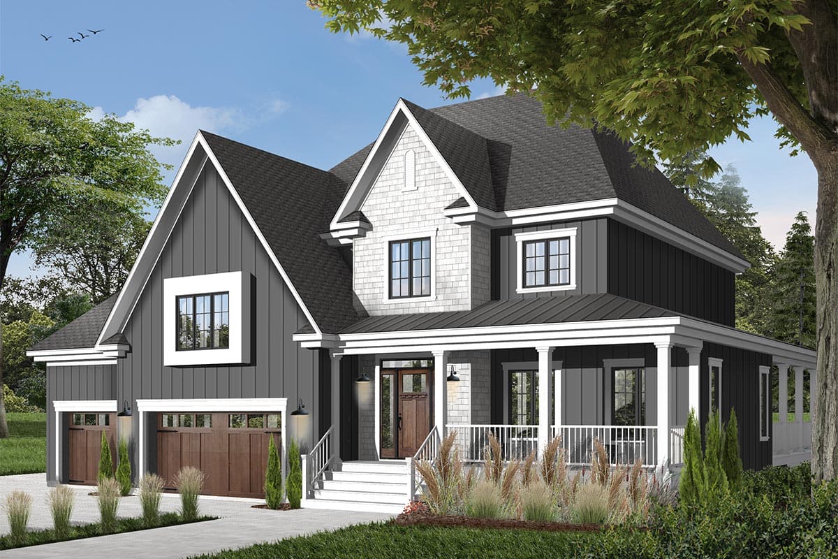 House plan exterior: Two-story Modern Farmhouse with gables, a wrap-around porch, and a side-entry two-car garage.