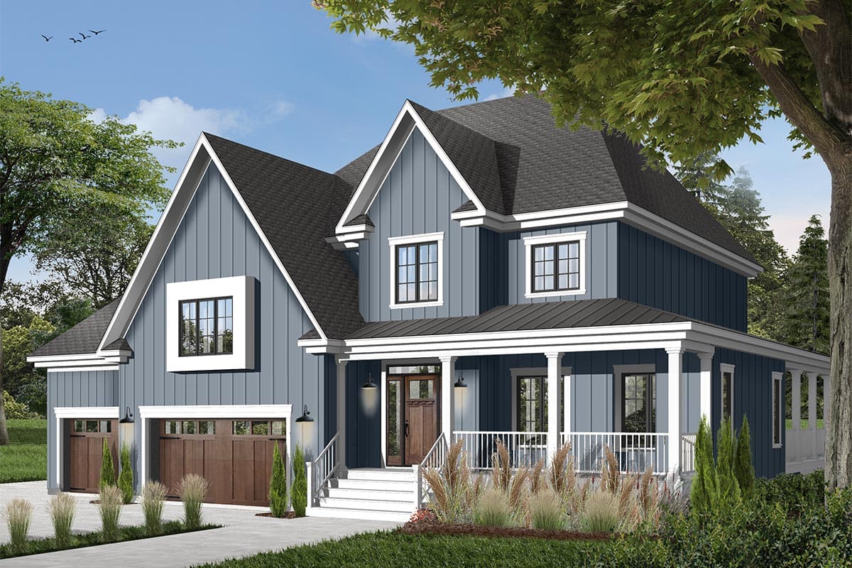 House plan exterior: two-story home with gables, board and batten siding, a covered front porch with columns, and a two-car garage.
