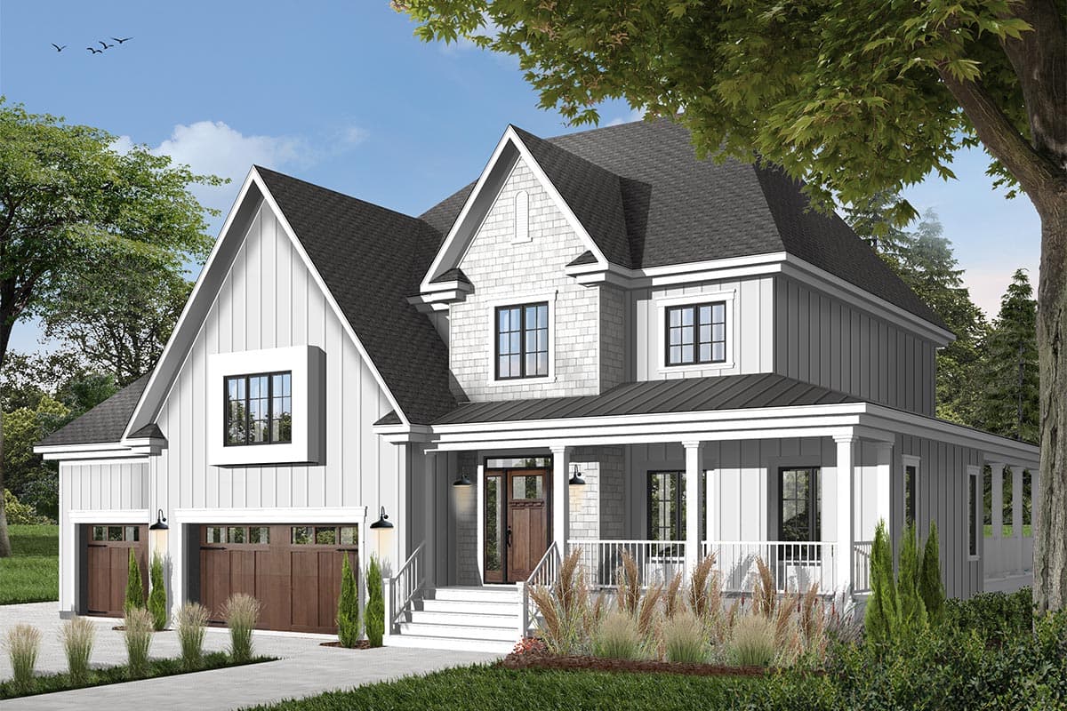 Modern Farmhouse house plan exterior with two-car garage, wraparound porch, and prominent gables.