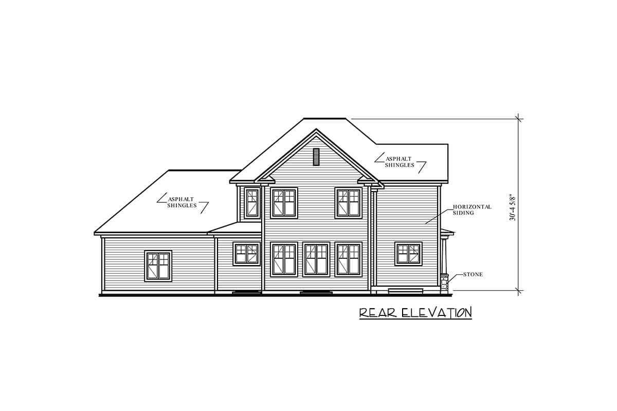 Rear elevation drawing of a two-story house with asphalt shingles, horizontal siding, and stone accents.