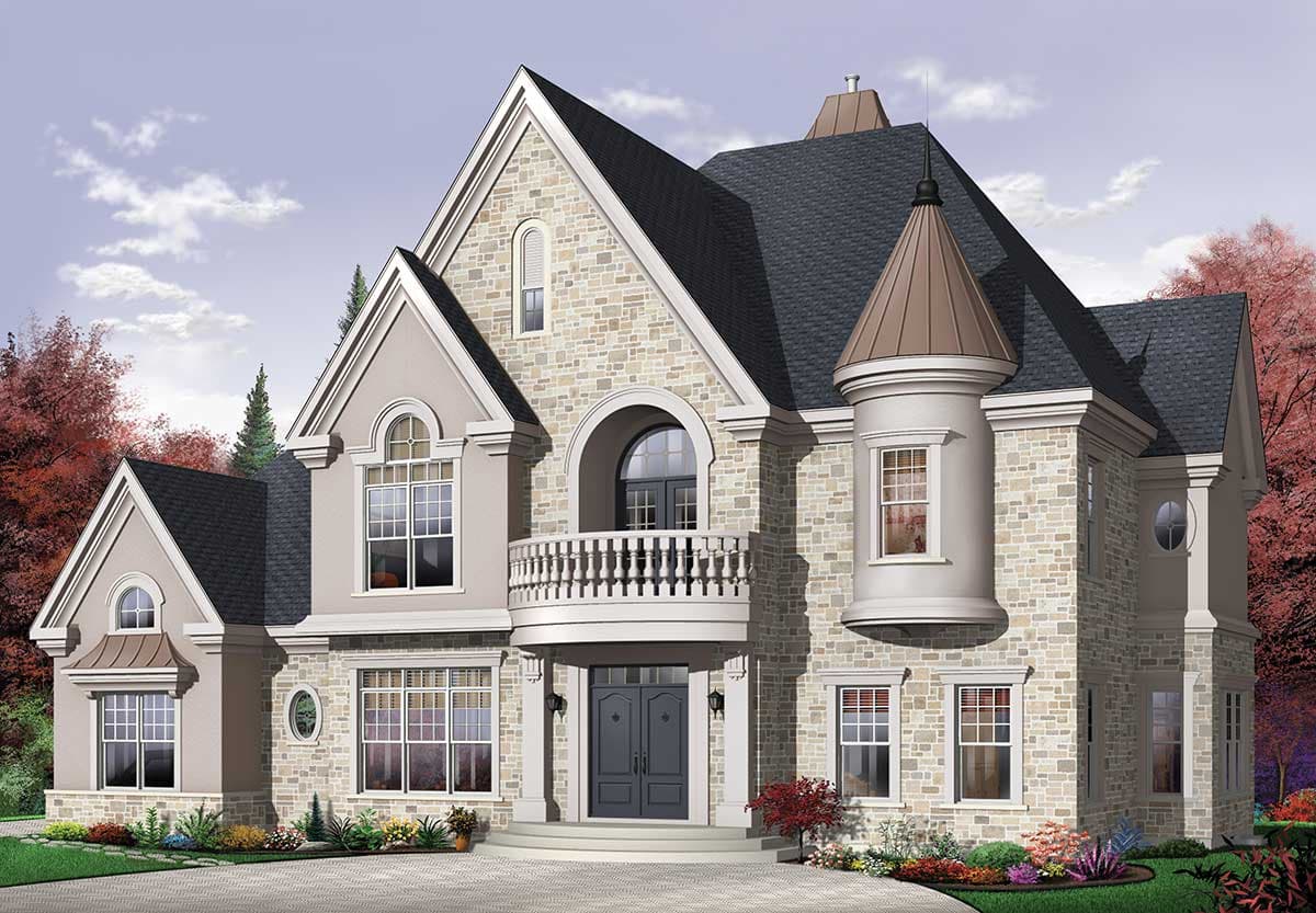 House plan exterior: Two-story stone home with gabled dormers, arched windows, turret, and covered balcony over double entry doors.