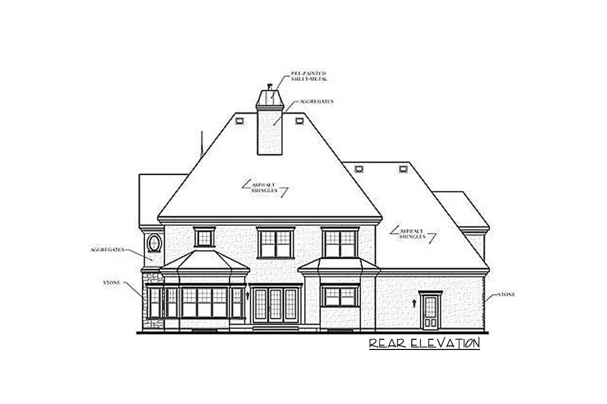 Rear elevation drawing of a house plan, featuring a bay window, double doors, stone accents, and multiple gables with asphalt shingles.
