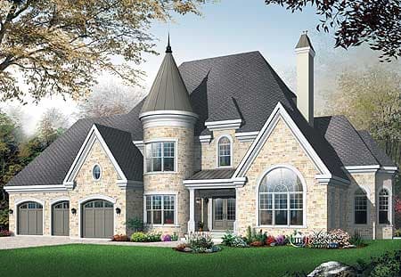House plan exterior: Stone facade, three-car garage, prominent turret with conical roof, arched windows, and multiple gables.