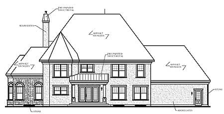 House plan exterior drawing showing a two-story home with a turret, stone accents, asphalt shingles, and a covered entry.