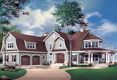 House plan exterior: Two-story home with gambrel roofs, dormers, a wraparound porch, and a three-car garage.