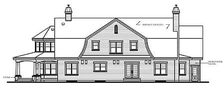 House plan exterior drawing featuring a gambrel roofline, dormers, wrap-around porch, and chimneys.