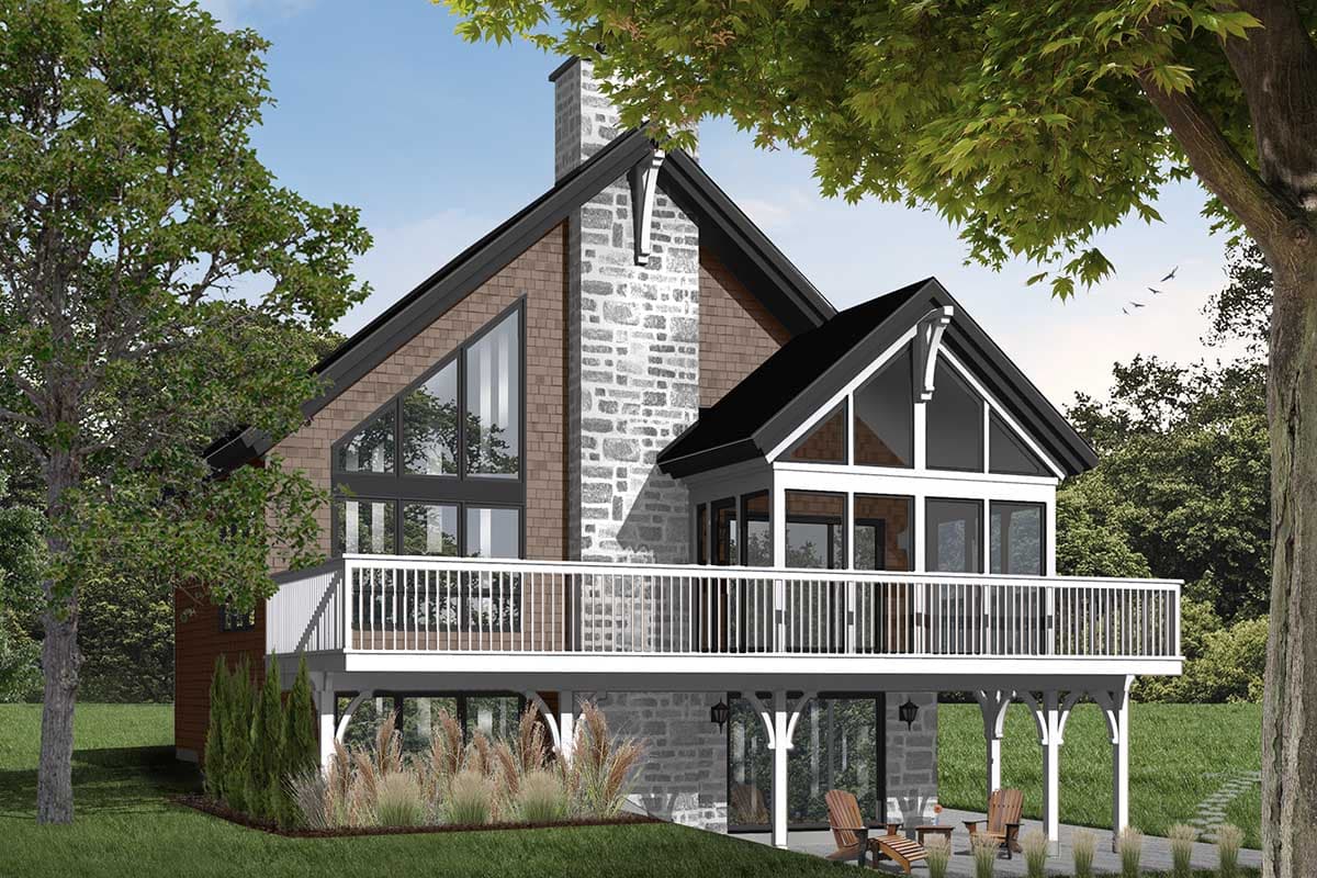 House plan exterior: Modern home with large gable end windows, stone chimney, and wrap-around deck.