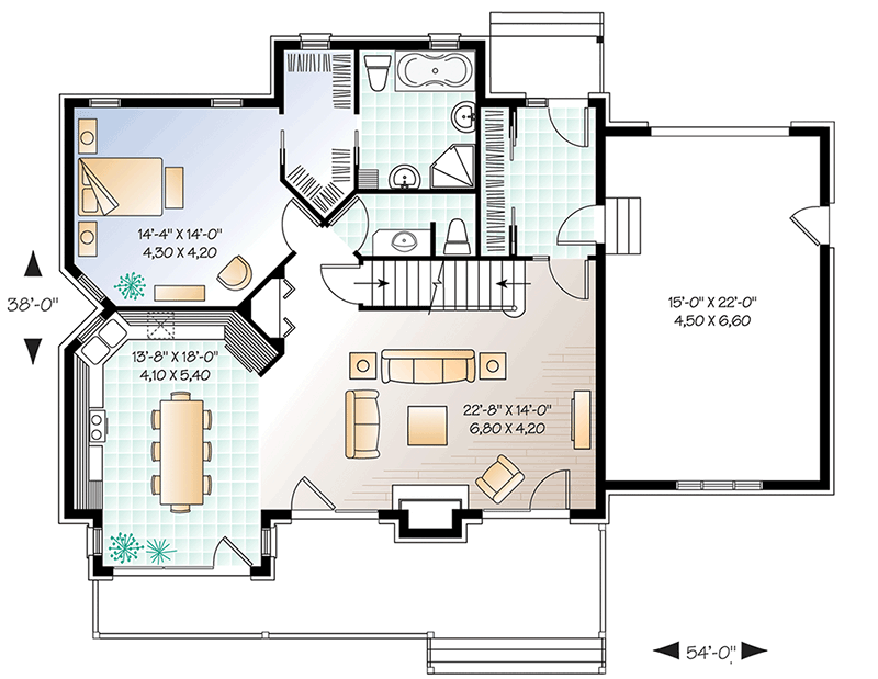 Plan 21179DR: Vacation Retreat with Two-Story Family Room - Floor Plan - Main Level - Cottage, Country, Mountain, Rustic, Vacation